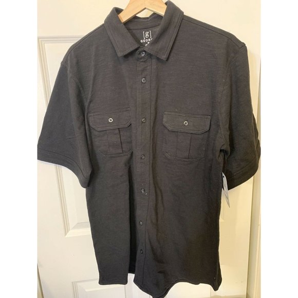 George Mens Sz M 38-40 button Shirt Black Short Sleeve Cotton Blend NWT‎ - Picture 1 of 8